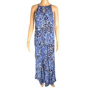 Lucky Brand Blue Floral Halter Maxi Dress Adjustable Tasseled Ties Size Large